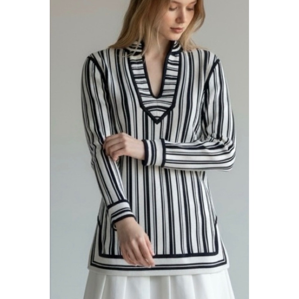 Tory Burch Gina Black White Striped Cotton Knit V-Neck Tunic Top‎ Size S Coastal